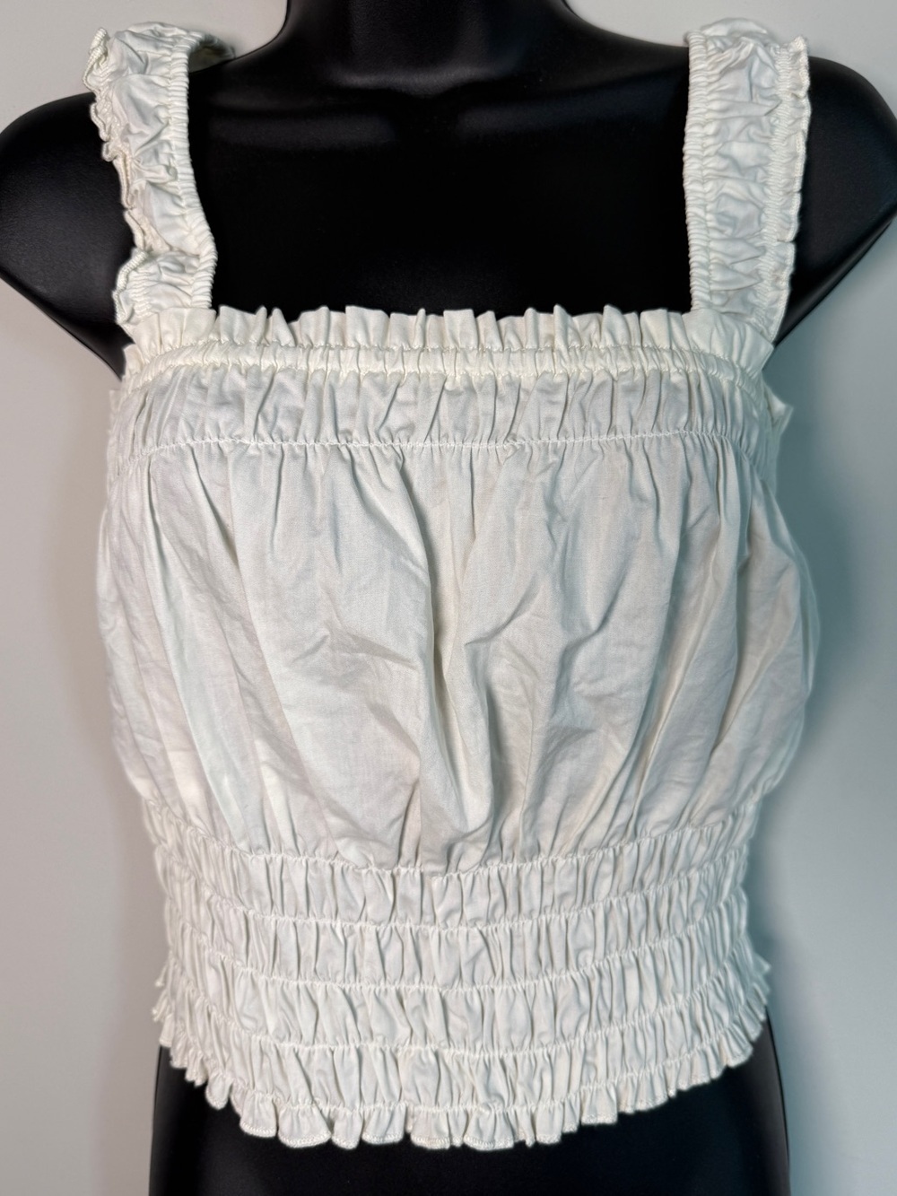 FRESHMAN 1996 Ivory Smocked Crop Top, Ruffle Strap Cottagecore Coastal XL